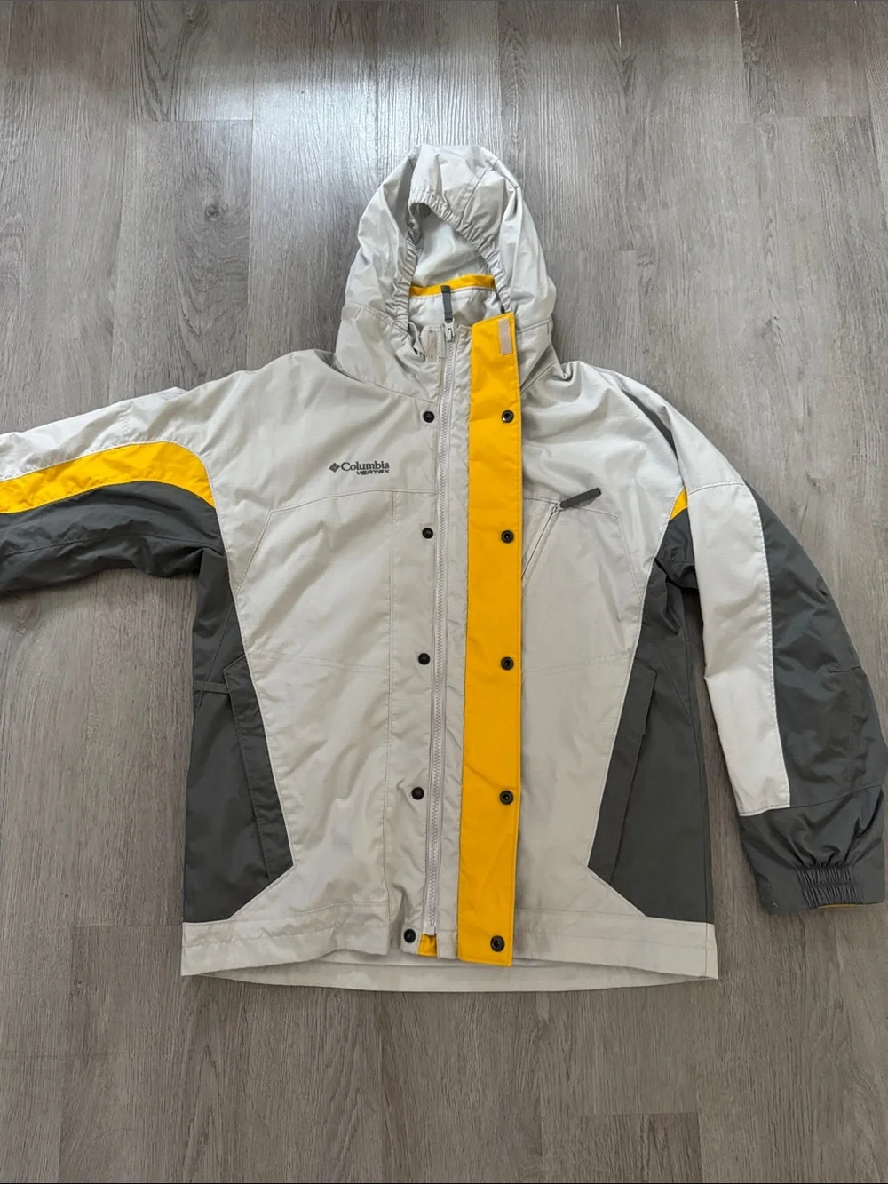 Columbia Two-Tone Hooded Rain Jacket in Light Gray and Charcoal